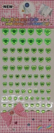 Стразы самоклеющиеся на листе (сердечки зеленые) - ассорти